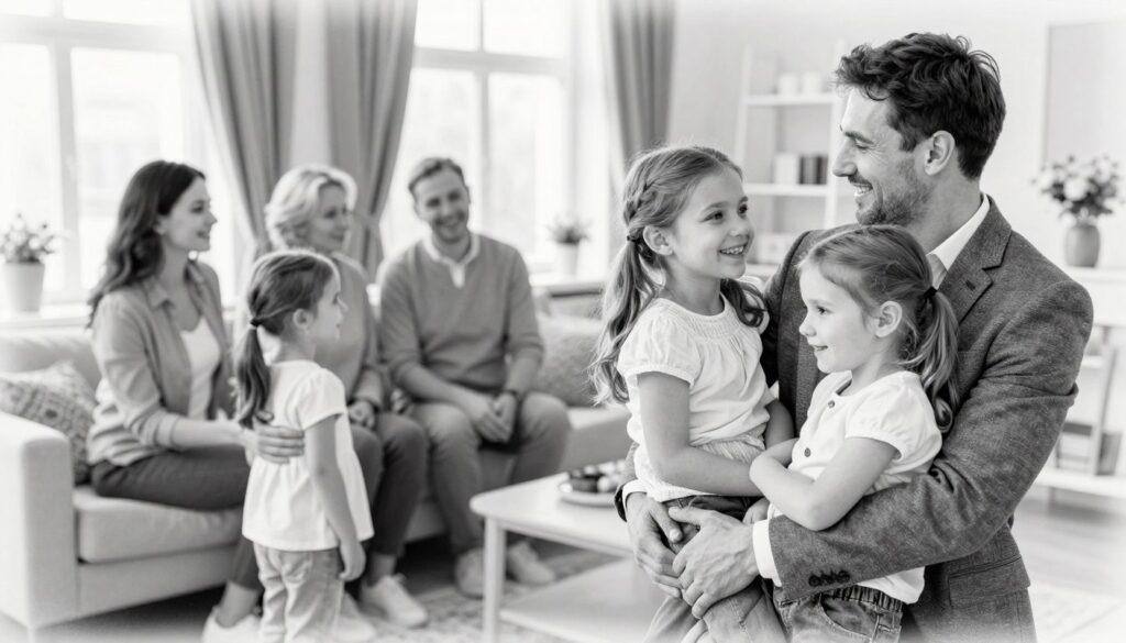 A heartwarming scene depicting a family in the act of adopting daughters from Russia. In the foreground, a smiling couple dressed in professional attire holds their newly welcomed daughters, who are wearing modest casual clothing. The daughters are of different ages, showing the diversity of children available for adoption. In the middle ground, gentle, supportive friends and family members surround them, giving off an atmosphere of warmth and acceptance. The background features a cozy living room, softly lit by natural light streaming through a large window, highlighting a welcoming, homey environment. The entire image is rendered in pencil black and white, with selective color accents on the children's clothing, symbolizing hope and new beginnings. The mood is joyful and heartening, capturing the essence of love in the adoption process. A heartwarming scene depicting a family in the act of adopting daughters from Russia. In the foreground, a smiling couple dressed in professional attire holds their newly welcomed daughters, who are wearing modest casual clothing. The daughters are of different ages, showing the diversity of children available for adoption. In the middle ground, gentle, supportive friends and family members surround them, giving off an atmosphere of warmth and acceptance. The background features a cozy living room, softly lit by natural light streaming through a large window, highlighting a welcoming, homey environment. The entire image is rendered in pencil black and white, with selective color accents on the children's clothing, symbolizing hope and new beginnings. The mood is joyful and heartening, capturing the essence of love in the adoption process.