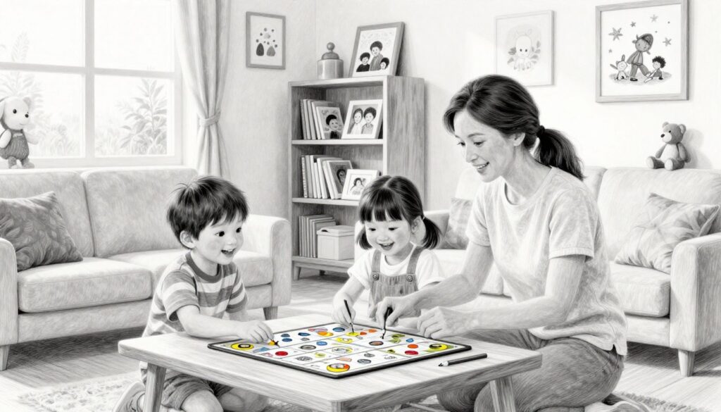 A heartwarming scene depicting a family life after separation, set in a cozy living room. In the foreground, a mother, wearing a modest casual outfit, is engaged with her two children, a boy and a girl, as they play a board game on a coffee table. The children are smiling, exuding joy and warmth. In the middle, a bookshelf filled with children’s books and family photos creates a comfortable atmosphere. In the background, a large window lets in soft, warm light, illuminating the room. Subtle touches of color accentuate the room, highlighting toys or artwork on the walls. The mood is positive and nurturing, reflecting resilience and connection. All elements are illustrated in black and white pencil style, with selective colorful accents to enhance emotional depth. A heartwarming scene depicting a family life after separation, set in a cozy living room. In the foreground, a mother, wearing a modest casual outfit, is engaged with her two children, a boy and a girl, as they play a board game on a coffee table. The children are smiling, exuding joy and warmth. In the middle, a bookshelf filled with children’s books and family photos creates a comfortable atmosphere. In the background, a large window lets in soft, warm light, illuminating the room. Subtle touches of color accentuate the room, highlighting toys or artwork on the walls. The mood is positive and nurturing, reflecting resilience and connection. All elements are illustrated in black and white pencil style, with selective colorful accents to enhance emotional depth.