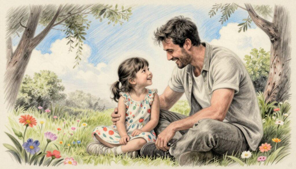 A heartwarming scene depicting a father and daughter enjoying quality time together in a cozy park setting. The father, a rugged, athletic man in modest casual attire, leans down to share a joyful moment with his young daughter, who is wearing a playful dress. Both have bright, smiling faces, embodying a deep bond of love and trust. In the foreground, they sit on a grassy area dotted with colorful flowers, while the middle ground features soft tree branches swaying gently in the breeze. The background shows a serene blue sky with fluffy clouds. The image should be rendered in pencil drawing style, complemented with selective color accents highlighting the flowers and their expressions. The lighting should be warm and inviting, creating a nostalgic, uplifting atmosphere. A heartwarming scene depicting a father and daughter enjoying quality time together in a cozy park setting. The father, a rugged, athletic man in modest casual attire, leans down to share a joyful moment with his young daughter, who is wearing a playful dress. Both have bright, smiling faces, embodying a deep bond of love and trust. In the foreground, they sit on a grassy area dotted with colorful flowers, while the middle ground features soft tree branches swaying gently in the breeze. The background shows a serene blue sky with fluffy clouds. The image should be rendered in pencil drawing style, complemented with selective color accents highlighting the flowers and their expressions. The lighting should be warm and inviting, creating a nostalgic, uplifting atmosphere.