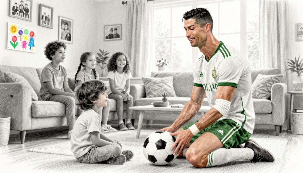 A heartwarming scene of Cristiano Ronaldo enjoying a joyful family moment in a cozy living room. In the foreground, he is engaged in play with his children, all dressed in modest casual clothing, showcasing their vibrant personalities. The middle ground features comfortable furniture and family photos on the walls, capturing their close-knit bond. In the background, a large window lets in soft, natural light, creating a warm and inviting atmosphere. The room is decorated with small touches of color, such as a colorful children's drawing displayed prominently. The entire image is rendered in pencil sketch style with selective color accents, emphasizing the family dynamics and happiness, showcasing the essence of a football star's family life.