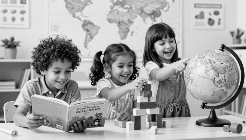 A joyful scene featuring three multilingual children, each from different cultural backgrounds, engaging in playful activities together. In the foreground, a boy with curly hair is reading a colorful picture book, while a girl with pigtails is playfully building a tower with blocks. A second girl, with straight hair, is laughing and pointing at a globe, suggesting a love for languages. The background is a cozy classroom setting decorated with world maps and educational posters. The lighting is soft and warm, enhancing the cheerful atmosphere. Use a pencil sketch style in black and white with selective vibrant color accents on the children's clothing and toys, emphasizing their joyful expressions and playful interaction.