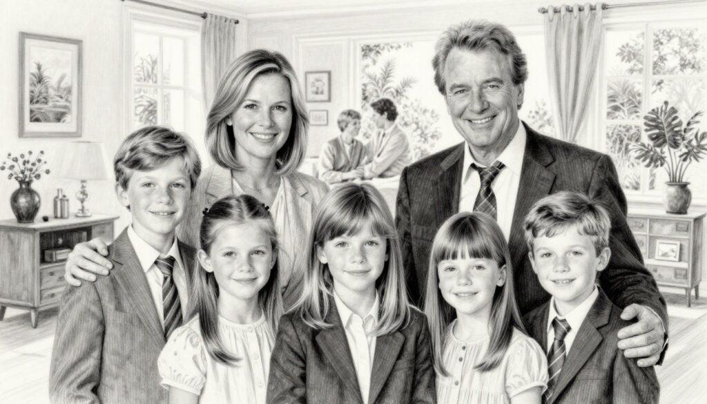 A monochromatic pencil drawing featuring Dieter Bohlen's six children in professional business attire, posed together with a sense of warmth and connection. In the foreground, we have the children, varying in ages, showcasing diverse hairstyles and expressions that reflect their unique personalities. The middle layer includes a soft focus on a stylish family home interior, providing a cozy atmosphere, with natural light streaming through large windows. The background subtly fades into a serene garden setting, hinting at family gatherings. The overall mood is joyful and familial, with selective colored accents on the children's clothing and the surrounding decor to add vibrancy without overpowering the monochrome theme. A monochromatic pencil drawing featuring Dieter Bohlen's six children in professional business attire, posed together with a sense of warmth and connection. In the foreground, we have the children, varying in ages, showcasing diverse hairstyles and expressions that reflect their unique personalities. The middle layer includes a soft focus on a stylish family home interior, providing a cozy atmosphere, with natural light streaming through large windows. The background subtly fades into a serene garden setting, hinting at family gatherings. The overall mood is joyful and familial, with selective colored accents on the children's clothing and the surrounding decor to add vibrancy without overpowering the monochrome theme.