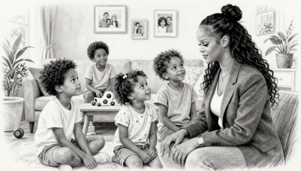 A monochromatic, pencil-drawn illustration depicting the essence of Rihanna's family, focusing on her children. In the foreground, show Rihanna, professionally attired, lovingly interacting with her kids. Each child, dressed in modest casual clothing, should display unique traits, capturing their individual personalities. The middle ground should feature a warm, inviting living space, filled with family elements like toys and family photos, subtly hinting at their close-knit bond. The background should suggest a serene outdoor setting, perhaps a garden, emphasizing a harmonious family environment. Use soft, diffused lighting to create a gentle atmosphere, with selective color accents highlighting joyful moments, like toys or flowers, adding vibrancy to the black-and-white sketch.