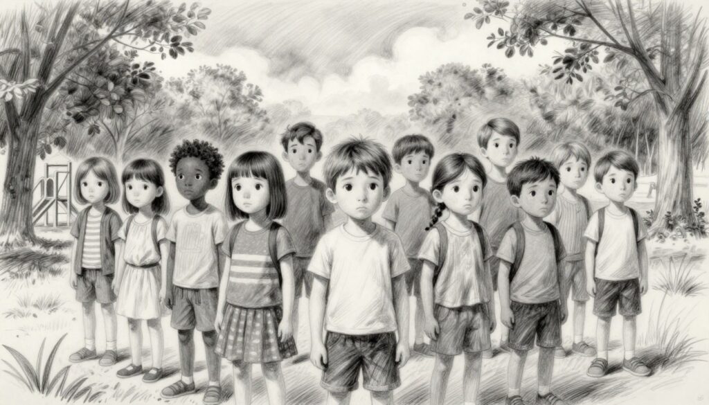 A monochromatic pencil sketch featuring a group of mysterious children with various expressions symbolizing controversies, standing together in a park. In the foreground, the children display curious and contemplative expressions, dressed in modest casual clothing, hinting at their unknown backgrounds and personalities. The middle background reveals shadows of trees, adding depth, while the soft contours of a playground can be seen. In the backdrop, a cloudy sky looms, reflecting the uncertain mood surrounding their identities. Selective color accents, like vibrant blues and greens scattered throughout the scene, draw attention to specific elements, enhancing the intrigue. The lighting is soft and diffused, casting gentle shadows, to evoke a sense of mystery and curiosity in a safe and professional atmosphere.