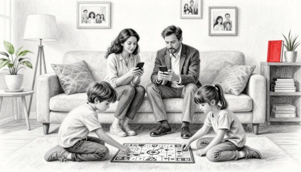 A monochrome pencil drawing illustrating a family setting in a cozy living room. In the foreground, two children, depicted in modest casual clothing, are playing with board games on the floor, engrossed in their activity. In the middle, their parents, dressed in professional business attire, are engaged in a thoughtful discussion about setting boundaries around smartphone usage. The background features a warm, inviting atmosphere with a comfortable sofa, soft lighting from a lamp, and family photos on the walls, subtly accented with splashes of color, like green plants and a bright red book on a shelf. The mood is nurturing and supportive, emphasizing the significance of deliberate parenting decisions.