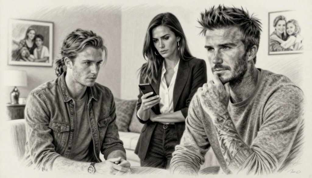 A monochrome pencil sketch depicting a family conflict theme centered around the Beckham family, with Brooklyn Beckham in the foreground appearing distant and contemplative, wearing casual yet stylish clothing. In the middle ground, Victoria Beckham, dressed in a professional attire, displays a concerned expression while holding a smartphone, symbolizing communication. The background shows a subtle blend of domestic elements like a modern living room, with muted tones and hints of color accents in important family pictures on the walls, contrasting the grayscale. The lighting is soft and dramatic, casting gentle shadows, enhancing the emotional weight of the scene. The atmosphere conveys tension but also resilience, capturing the complexities of family relationships without any text or extraneous details. A monochrome pencil sketch depicting a family conflict theme centered around the Beckham family, with Brooklyn Beckham in the foreground appearing distant and contemplative, wearing casual yet stylish clothing. In the middle ground, Victoria Beckham, dressed in a professional attire, displays a concerned expression while holding a smartphone, symbolizing communication. The background shows a subtle blend of domestic elements like a modern living room, with muted tones and hints of color accents in important family pictures on the walls, contrasting the grayscale. The lighting is soft and dramatic, casting gentle shadows, enhancing the emotional weight of the scene. The atmosphere conveys tension but also resilience, capturing the complexities of family relationships without any text or extraneous details.