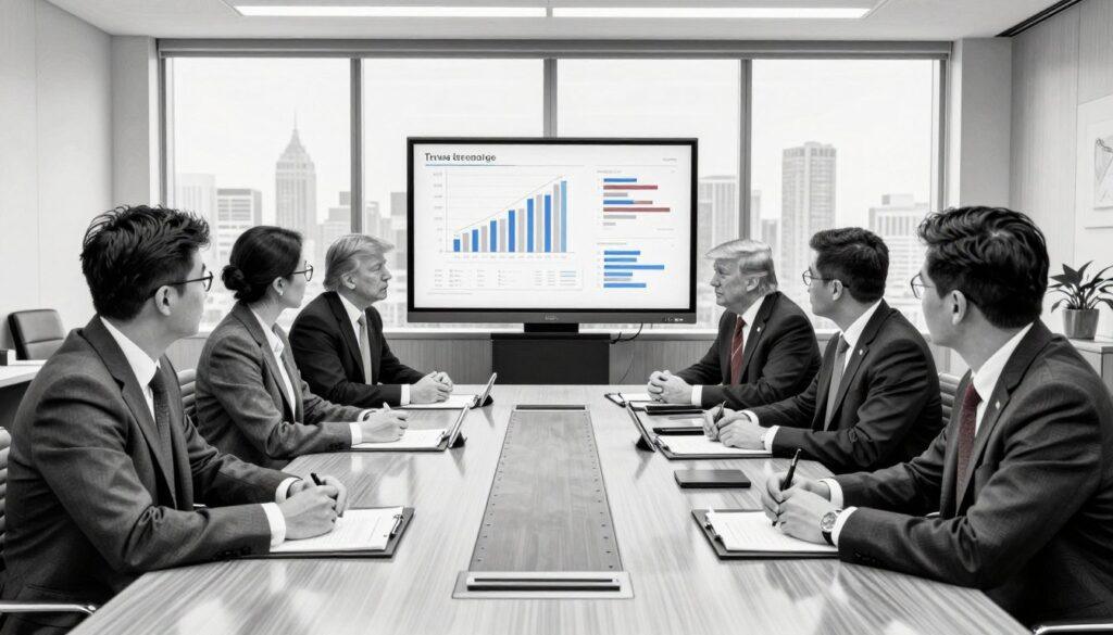 A pencil sketch in black and white featuring a corporate boardroom setting, with a large wooden table at the center. In the foreground, a group of diverse individuals in professional business attire engage in a discussion, emphasizing their roles in a corporate environment related to the Trump organization. In the middle, a large screen displays charts and graphs, subtly hinting at political dynamics and business strategies. The background includes a large window with a city skyline view. Occasional colored accents, like a red tie or blue documents, highlight the subjects and add a modern touch. The lighting is soft and diffused, creating a professional atmosphere suitable for a serious discussion about business and political roles.