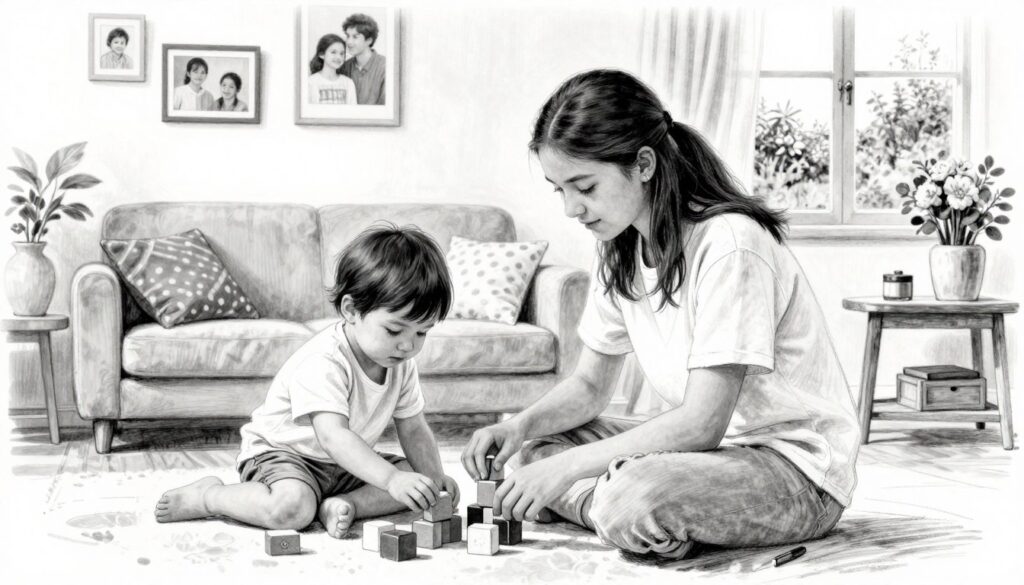 A poignant black and white sketch illustrating a sibling relationship with a significant age gap. In the foreground, depict an older sibling, a teenage girl in modest casual clothing, lovingly interacting with her toddler brother, who is playing with colorful blocks. The middle ground features a warm, inviting living room setting, adorned with family photos and soft lighting that creates a cozy atmosphere. In the background, a window reveals a gentle garden scene, hinting at a beautiful day outside. Use subtle colored accents on the blocks and the flower vase on the table to draw attention to the bond between the siblings. Capture a sense of connection, joy, and generational contrast, conveying the beauty of their unique relationship.