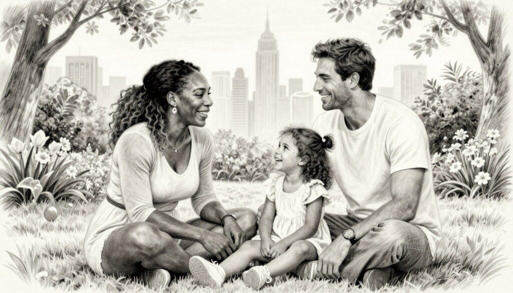 A poignant family portrait representing the Williams-Ohanian family evolution, illustrated in black and white pencil style with subtle, selective color accents. In the foreground, depict Serena Williams and her husband Alexis Ohanian, both in modest casual clothing, radiating warmth and love as they interact with their young daughter, Olympia, who is playing joyfully. The middle ground features a serene, outdoor setting that suggests a nurturing environment, with soft trees and a garden in bloom, hinting at a harmonious family life. In the background, a soft blurred skyline symbolizes their public achievements and aspirations. The lighting should be warm and inviting, casting gentle shadows for depth, with a focus on capturing the essence of family togetherness and happiness.