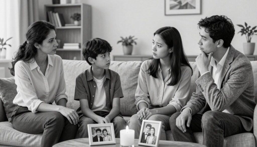 A poignant family scene depicting reconciliation efforts amidst a family conflict. In the foreground, a diverse group of three individuals—two adults in professional attire and a teenager—sitting together on a comfortable couch, displaying a range of emotions from apprehension to hope. In the middle ground, a warm table with family photos and a lit candle symbolizes unity and remembrance. The background features a softly lit living room with a bookshelf and plants, creating a cozy atmosphere. The lighting is warm and inviting, with gentle shadows enhancing the mood of introspection and renewal. The entire image is done in pencil black and white, with subtle accents of color highlighting the family photos and candle flame, emphasizing the theme of reconciliation and connection. A poignant family scene depicting reconciliation efforts amidst a family conflict. In the foreground, a diverse group of three individuals—two adults in professional attire and a teenager—sitting together on a comfortable couch, displaying a range of emotions from apprehension to hope. In the middle ground, a warm table with family photos and a lit candle symbolizes unity and remembrance. The background features a softly lit living room with a bookshelf and plants, creating a cozy atmosphere. The lighting is warm and inviting, with gentle shadows enhancing the mood of introspection and renewal. The entire image is done in pencil black and white, with subtle accents of color highlighting the family photos and candle flame, emphasizing the theme of reconciliation and connection.
