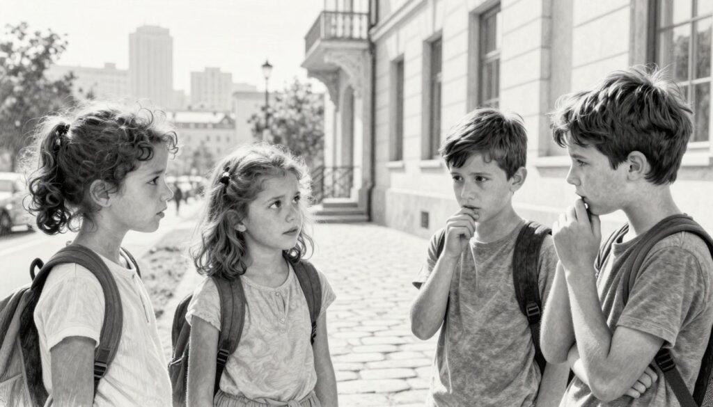 A poignant scene reflecting the challenges of growing up in the spotlight, set in a sophisticated urban environment. In the foreground, a group of three children, dressed in modest casual clothing, appear contemplative and engaged in conversation, their expressions a mix of curiosity and concern. One child, a girl with curly hair, is looking up with wide eyes, while a boy is thoughtfully biting his lip. The middle ground features a path paved with stones leading to an elegant building, symbolizing societal expectations. In the background, soft, blurred cityscape silhouettes provide context, with warm sunlight casting gentle shadows. The image is rendered in pencil sketch style with black and white tones, highlighted by selective pops of color on the children's clothing and the building's details, conveying a mix of innocence and pressure.