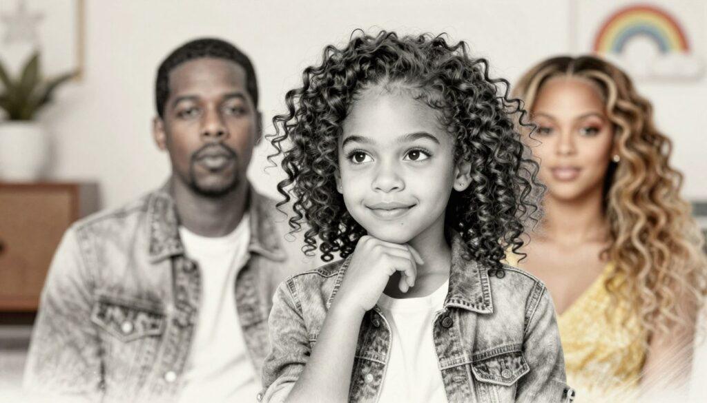 A portrait of Blue Ivy Carter, a young girl with striking features and curly hair, portrayed in a thoughtful pose. She is dressed in stylish yet modest casual clothing, radiating a sense of youthful elegance. The foreground focuses on her facial expression filled with curiosity and joy, capturing the innocence of childhood. In the middle, there are soft, blurred outlines of her parents, Jay-Z and Beyoncé, subtly positioned to emphasize their supportive presence without detracting from her individuality. The background features a warm, softly lit environment, suggesting a family space filled with love and creativity. The image is created in pencil sketch style with black and white tones, enhanced by selective colorful accents that highlight her attire and a playful element in the background, conveying a cheerful and inviting atmosphere.