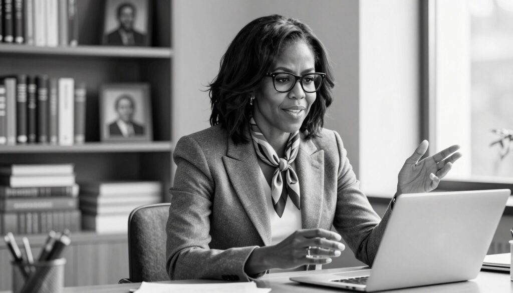 A portrait of Malia Obama in a professional business setting, depicted in pencil sketch style with black and white tones. She is seated at a desk, engaged in a dynamic discussion, wearing a smart, tailored blazer and stylish glasses. Her expression is focused yet approachable, conveying intelligence and determination. Light streams through a window behind her, creating soft shadows and enhancing the mood of a productive work environment. In the background, a bookshelf filled with books and framed photos hints at her academic pursuits and achievements. Subtle colored accents highlight her accessories, like a vibrant scarf and a sleek laptop, adding a touch of modernity while keeping the overall tone sophisticated and professional.