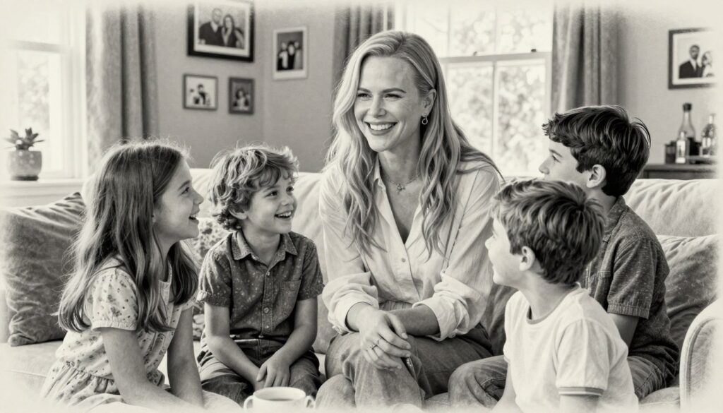 A portrait of a warm and inviting family scene featuring Nicole Kidman in a modest, elegant outfit, surrounded by her children in casual yet stylish clothing. In the foreground, they share a joyful moment, laughing and engaging with one another, highlighting the bond of family. The middle ground includes a cozy living room with soft furnishings and family photos adorning the walls, creating a personal atmosphere. In the background, large windows allow soft, natural light to filter in, casting gentle shadows. The entire image is rendered in black and white pencil, with selective color accents in warm tones, enhancing the emotional warmth of the scene and creating a nostalgic yet contemporary feel. The composition captures a sense of familial love and connection, emphasizing current developments in their lives.