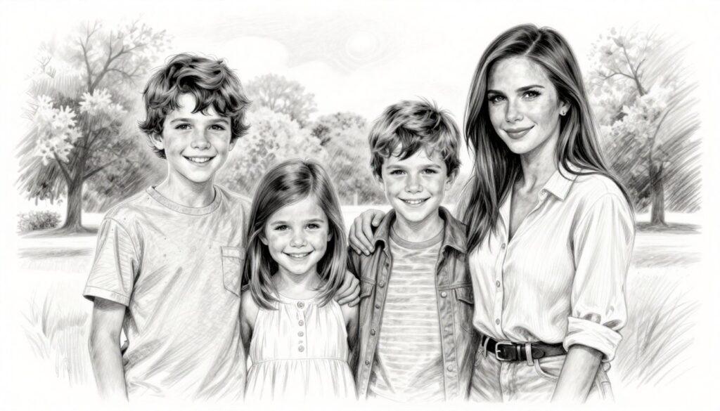 A portrait of the four children of David and Victoria Beckham, depicted in a pencil sketch style with black and white tones, accented by subtle splashes of color. In the foreground, the children are arranged in a natural pose, showcasing their affectionate bond, dressed in modest casual clothing. The middle ground features a soft, blurred suggestion of a park setting, evoking a warm family atmosphere. The background includes gentle outlines of trees and a sunny sky, creating a cheerful, inviting environment. The lighting is soft and diffused, enhancing the warmth of the scene. The overall mood is joyful and heartwarming, capturing the essence of family love and togetherness.