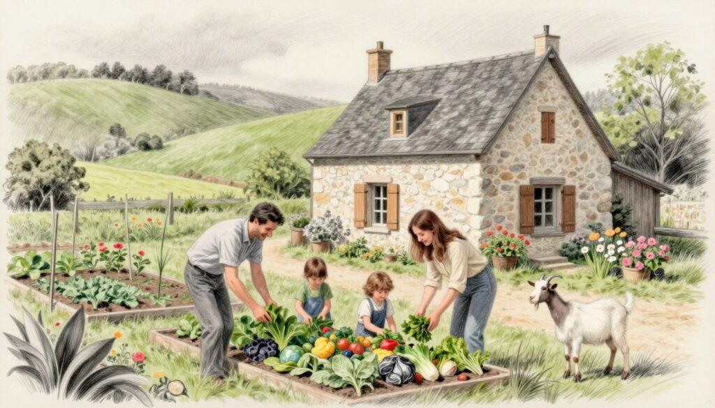 A quaint French farmhouse scene unfolds in the foreground, showcasing a cheerful family of four, dressed in modest casual clothing. The father, a man with short dark hair, tends to a small vegetable garden, while the mother, with long brown hair, assists their two children, a young boy and a girl, in gathering fresh produce. In the middle ground, the rustic farmhouse, with its stone walls and wooden shutters, exudes warmth, surrounded by blooming flowers and a gently grazing goat. The background features rolling green hills under a soft, overcast sky, allowing subtle light to filter through. The scene is depicted in pencil sketch with selective color accents highlighting the vibrant vegetables and flowers, creating a nostalgic and serene atmosphere, perfect for illustrating a peaceful life on a French farm.