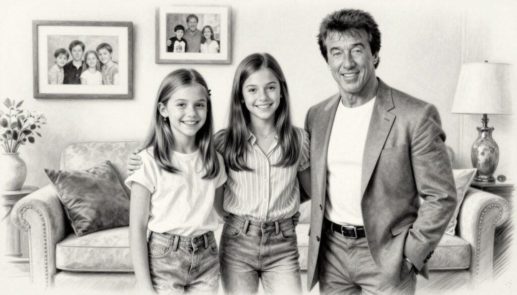 A refined black and white pencil sketch depicting Sylvester Stallone’s daughters with Jennifer Flavin. The three figures stand together in a cozy room, symbolizing family unity. The foreground features Jennifer in a professional, modest outfit, radiating warmth and confidence. Beside her, the daughters, each showcasing distinctive expressions of joy, are dressed in casual, stylish attire, capturing their youthful essence. The middle layer includes a stylish couch with soft pillows that enhances the family atmosphere. The background subtly illustrates framed family photos, evoking a sense of nostalgia and love. Soft, diffused lighting casts gentle shadows and highlights the figures, creating a warm, inviting mood. Accents of color are subtly integrated in the room decor, drawing attention to their smiles and family bond. A refined black and white pencil sketch depicting Sylvester Stallone’s daughters with Jennifer Flavin. The three figures stand together in a cozy room, symbolizing family unity. The foreground features Jennifer in a professional, modest outfit, radiating warmth and confidence. Beside her, the daughters, each showcasing distinctive expressions of joy, are dressed in casual, stylish attire, capturing their youthful essence. The middle layer includes a stylish couch with soft pillows that enhances the family atmosphere. The background subtly illustrates framed family photos, evoking a sense of nostalgia and love. Soft, diffused lighting casts gentle shadows and highlights the figures, creating a warm, inviting mood. Accents of color are subtly integrated in the room decor, drawing attention to their smiles and family bond.