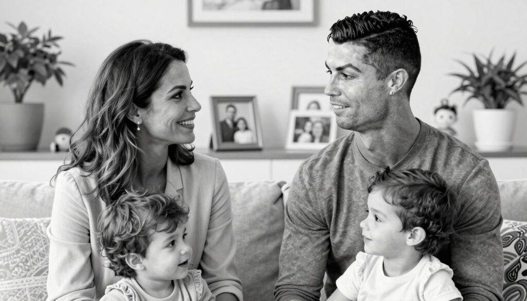 A serene and intimate portrait of the mothers of Cristiano Ronaldo's children, depicted in a softly lit environment that emphasizes warmth and connection. In the foreground, two women are engaged in a candid moment, wearing professional business attire with subtle colors, exuding confidence and grace. Their expressions reflect pride and joy as they interact with a backdrop of a cozy family setting, featuring soft furnishings and a glimpse of children's toys to signify family life. The middle ground includes delicate details of framed family photos and a hint of greenery from potted plants, creating a nurturing atmosphere. The background remains softly blurred to keep the focus on the subjects while enhancing the overall mood of harmony and togetherness. The image is rendered in black and white pencil sketch style with selective colorful accents illuminating the mothers, creating a timeless yet contemporary composition.