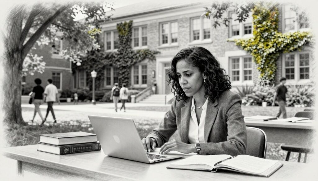 A serene campus scene featuring Sasha Obama engaged in her studies at a university setting, captured in black and white pencil sketch style with selective color accents. In the foreground, depict Sasha sitting at a modern study table, surrounded by books and a laptop, dressed in professional casual attire. Her focused expression reflects determination and intelligence. The middle ground shows green trees and students walking by, adding life to the scene, while the background features a classic academic building with large windows and ivy-covered walls. Natural lighting filters through, creating a warm and inviting atmosphere, evoking a sense of growth and ambition, with soft shadows adding depth to the sketch.