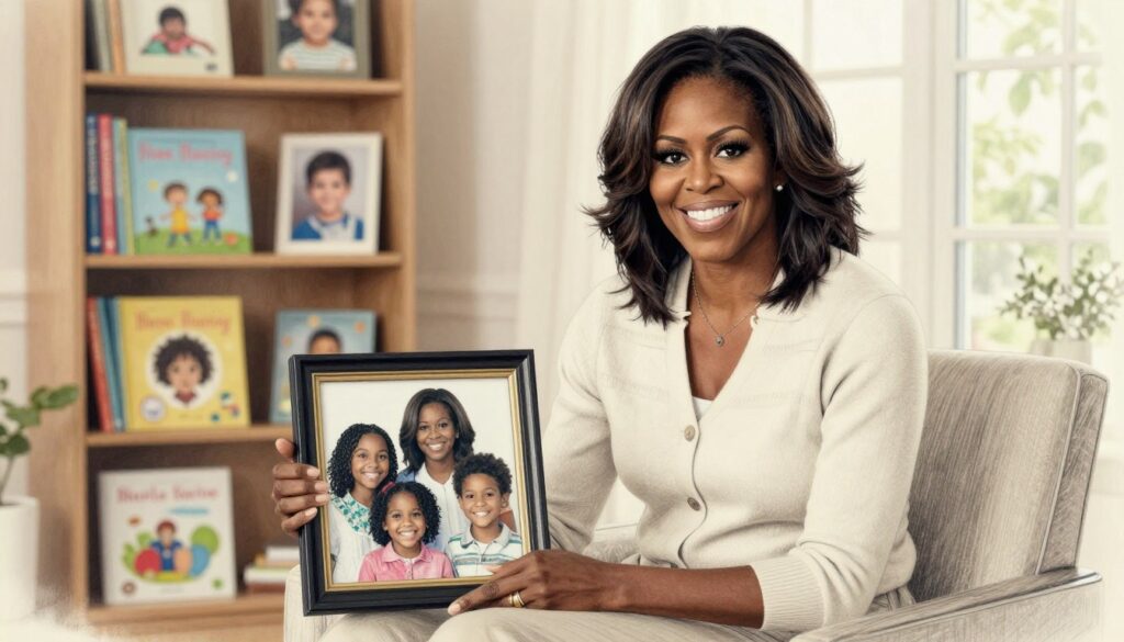 A serene portrait of Michelle Obama, gracefully embodying the essence of motherhood. She sits in a softly lit room, wearing a stylish yet modest casual outfit, reflecting warmth and comfort. In the foreground, she is gently holding a framed picture of her children, their joyful faces peeking from the edges. The middle ground features a softly blurred bookshelf filled with children's books and family photos, symbolizing her nurturing spirit. The background encompasses large windows allowing natural light to filter in, creating a warm, inviting atmosphere. The image is illustrated in pencil sketch style with selective colorful accents highlighting her smile and the picture frame, evoking a sense of love, care, and dedication. The overall mood is uplifting and inspirational, capturing the journey of motherhood with elegance and grace.