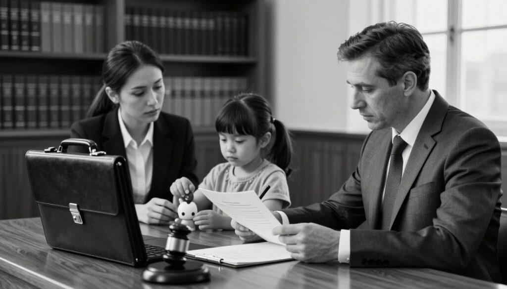 A sophisticated courtroom scene depicting a family law attorney engaging with a client over child custody regulations. In the foreground, the lawyer, a middle-aged man in a sharp suit, is seated at a polished wooden table, reviewing legal documents with a focused expression. The middle ground features a mother in professional attire, anxiously listening and occasionally glancing at her young child, who plays quietly with a toy, symbolizing the stakes of custody. The background includes shelves filled with legal books and a window with soft, diffused light casting a warm glow across the room. The image is rendered in detailed black and white, with selective color accents highlighting the attorney's briefcase and the child’s toy, creating a poignant focus on the emotional weight of the situation. The atmosphere is tense yet hopeful, emphasizing the complexities surrounding custody decisions.