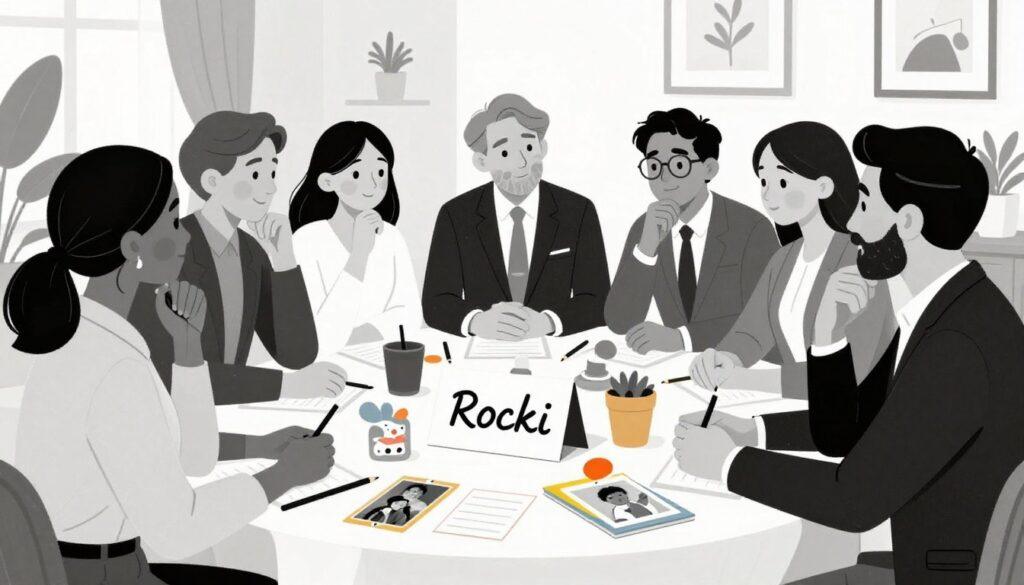 A stylish black and white illustration depicting an elegant family gathering around a table filled with meaningful items that symbolize names and family planning. In the foreground, a diverse group of adults dressed in professional business attire discusses important decisions, their expressions reflecting thoughtfulness and joy. The middle ground features a beautifully adorned table with a handwritten name card reading “Rocki,” alongside vibrant accents of color highlighting family memorabilia like childhood photos and baby items. In the background, a softly lit room decorated with plants and art evokes a warm, inviting atmosphere. The image should embody a sense of connection, love, and careful consideration, with a focus on the emotional significance of names within a family context. The overall composition should be balanced, with clear depth and perspective, capturing an intimate and heartfelt moment in monochrome with selective pops of color.