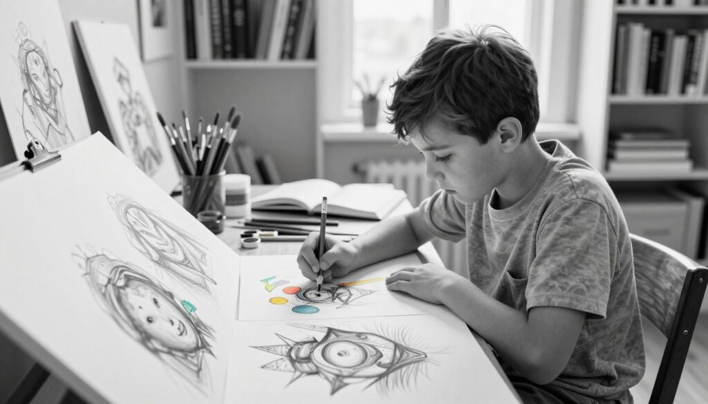 A talented young boy, Johan Samuel, is deeply engaged in his artistic endeavors, sketching with a pencil on a large canvas in a bright, sunlit room. The foreground features intricately detailed sketches, with vibrant colored accents on a few pieces to signify his creativity. In the middle, Johan, dressed in a modest yet stylish outfit, is focused, surrounded by art supplies like brushes, paints, and open sketchbooks. The background reveals shelves filled with art books and a large window, allowing natural light to flood the space, creating a warm and inspiring atmosphere. The image should encapsulate a sense of youthful creativity and passion, with high contrast black and white pencil drawings and selective color highlighting his artwork, emphasizing the essence of his artistic talent.