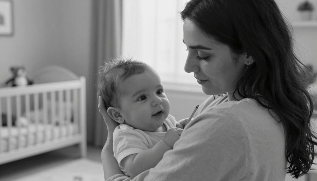 A tender and intimate black and white portrait of Roman Pacino as a baby, nestled comfortably in the arms of his mother, Noor Alfallah. The foreground captures the serene expression of the baby, with soft, delicate features and a hint of a smile. Noor, wearing modest casual clothing, radiates warmth and affection, her gentle gaze focused on her child. In the middle ground, a cozy, softly illuminated nursery with subtle color accents in toys and decor reflects a nurturing environment. The background features a softly blurred window allowing diffused natural light to filter in, enhancing the peaceful atmosphere. The overall mood is loving and familial, evoking a sense of joy and connection.
