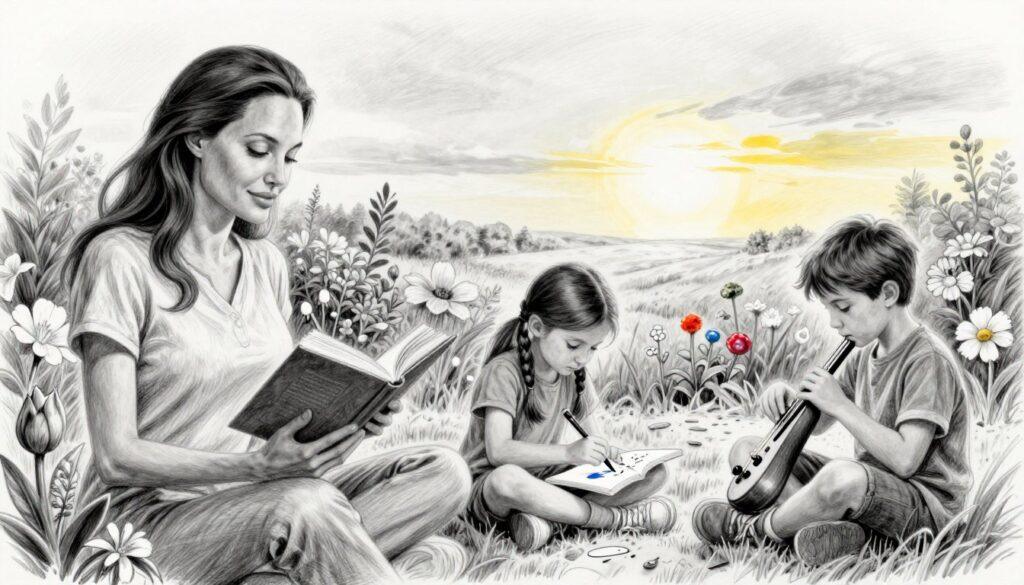 A thoughtful illustration showcasing the future perspectives of Angelina Jolie’s children, depicted in black and white pencil sketch style with selective colorful accents. In the foreground, three children, dressed in modest casual clothing, are engaged in various activities that represent their aspirations—one reads a book, another paints, and the third plays an instrument. The middle ground features a serene garden setting with blooming flowers and soft pathways, symbolizing growth and potential. The background consists of a vast, hopeful horizon under a gently lit sky, casting a warm glow on the scene. The overall mood is optimistic and inspiring, emphasizing creativity, family, and the promise of future achievements. The use of pencil shading adds depth while the vibrant color accents highlight the children’s dreams.