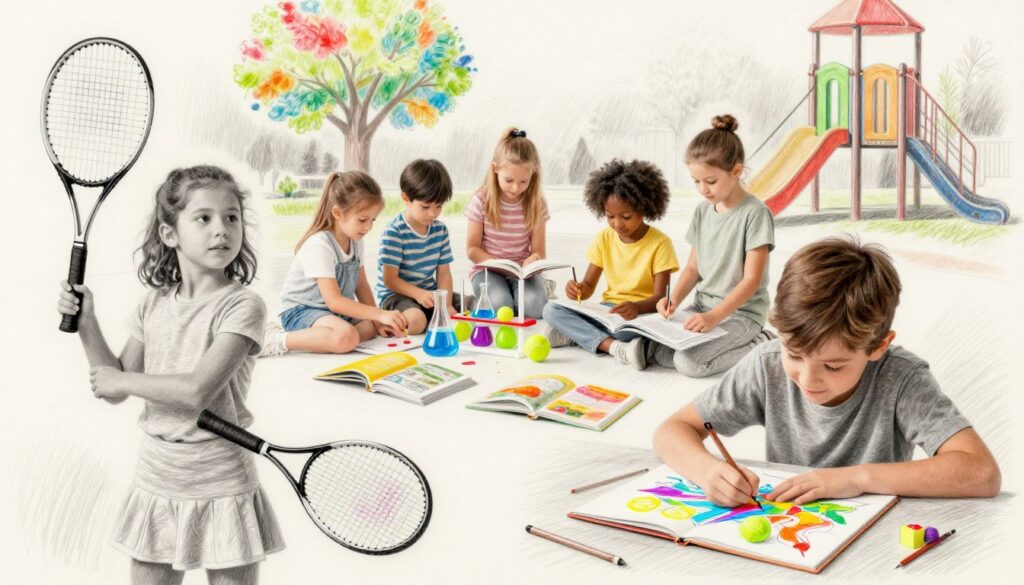 A warm, inviting scene focusing on a diverse group of children engaging in various individual talents, such as playing tennis, painting, and reading. In the foreground, a girl with a tennis racket and a boy sketching a colorful picture, both smiling and fully focused on their activities. In the middle, a group of children collaborating on a science project with bright materials and books scattered around them. In the background, a colorful tree and soft playground equipment to enhance the playful atmosphere. The entire image is in pencil sketch style with selective splashes of color highlighting the children's interests, casting soft, natural light that evokes a sense of creativity and joy.