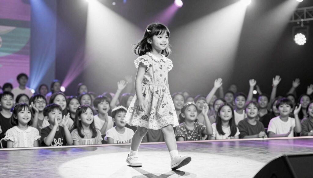 A young girl representing Rumi Carter, confidently stepping onto a vibrant stage during her debut performance. She is dressed in a charming yet modest outfit, giving off a playful yet professional vibe. The foreground features Rumi, illuminated by bright spotlights that create a warm, inviting atmosphere. In the middle ground, the audience is captivated, their faces filled with joy and encouragement. The background shows colorful stage lights casting gentle hues, enhancing the emotional energy of the moment. The entire scene is depicted in black and white pencil sketch style, with selective pops of color on Rumi’s outfit and stage elements, adding a magical touch. The mood is celebratory, reflecting a sense of excitement and new beginnings.