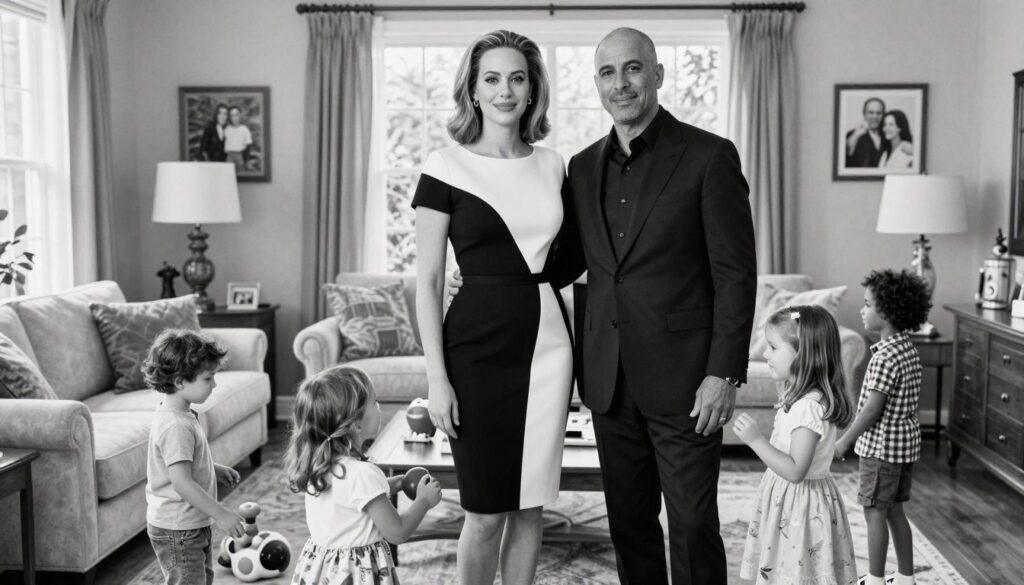 Adele stands elegantly in a warm, inviting family setting, surrounded by Rich Paul and his children. In the foreground, Adele is wearing a stylish, modest dress in black and white, her hair styled neatly, radiating warmth and approachability. Rich Paul is next to her in a sharp, professional outfit, showcasing confidence and charisma. The children are playfully interacting with colorful toys, dressed in casual yet modest clothing, bringing energy to the scene. The middle ground features a cozy living room with light-colored furniture and family photos, illuminated by soft, natural lighting filtering through large windows. In the background, a hint of lush greenery is visible, adding a touch of tranquility. The image is in pencil black-and-white with selective vibrant accents to capture a lively atmosphere, evoking a sense of family unity and joy. Adele stands elegantly in a warm, inviting family setting, surrounded by Rich Paul and his children. In the foreground, Adele is wearing a stylish, modest dress in black and white, her hair styled neatly, radiating warmth and approachability. Rich Paul is next to her in a sharp, professional outfit, showcasing confidence and charisma. The children are playfully interacting with colorful toys, dressed in casual yet modest clothing, bringing energy to the scene. The middle ground features a cozy living room with light-colored furniture and family photos, illuminated by soft, natural lighting filtering through large windows. In the background, a hint of lush greenery is visible, adding a touch of tranquility. The image is in pencil black-and-white with selective vibrant accents to capture a lively atmosphere, evoking a sense of family unity and joy.