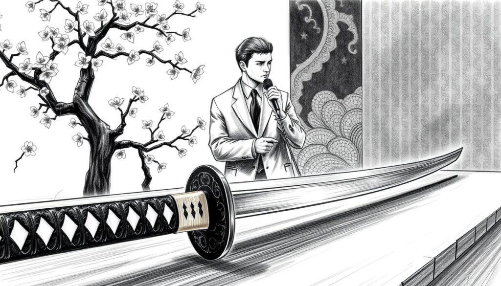 An elegant black and white pencil sketch depicting the essence of "Bushido Trennung" with subtle colored accents. In the foreground, a traditional samurai sword rests gracefully on a polished wooden table, signifying honor and strength. In the middle ground, a professional musician, dressed in a stylish business suit, contemplates while holding a microphone, embodying a connection to contemporary culture and creativity. The background features an abstract blend of stylized cherry blossom trees and traditional Japanese patterns, evoking a sense of tradition and complexity. Soft, diffused lighting enhances the mood, creating a reflective and somber atmosphere, capturing both the weight of the subject matter and a sense of resolve. The image should convey depth and emotion without any text or visual distractions.