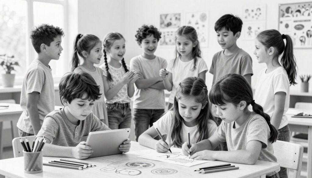Create a black-and-white pencil sketch depicting a group of children engaged in various activities representing their development and creativity. In the foreground, two children collaboratively working on a project, one holding a tablet while the other draws on paper, surrounded by colorful accents like art supplies in bright hues. In the middle ground, a small gathering of kids discussing ideas animatedly, dressed in casual but neat clothing, such as colorful t-shirts and jeans. The background features a soft, blurred classroom setting filled with educational posters and art on the walls, with gentle, natural lighting filtering through a window. The overall mood should evoke a sense of curiosity, collaboration, and the excitement of learning.