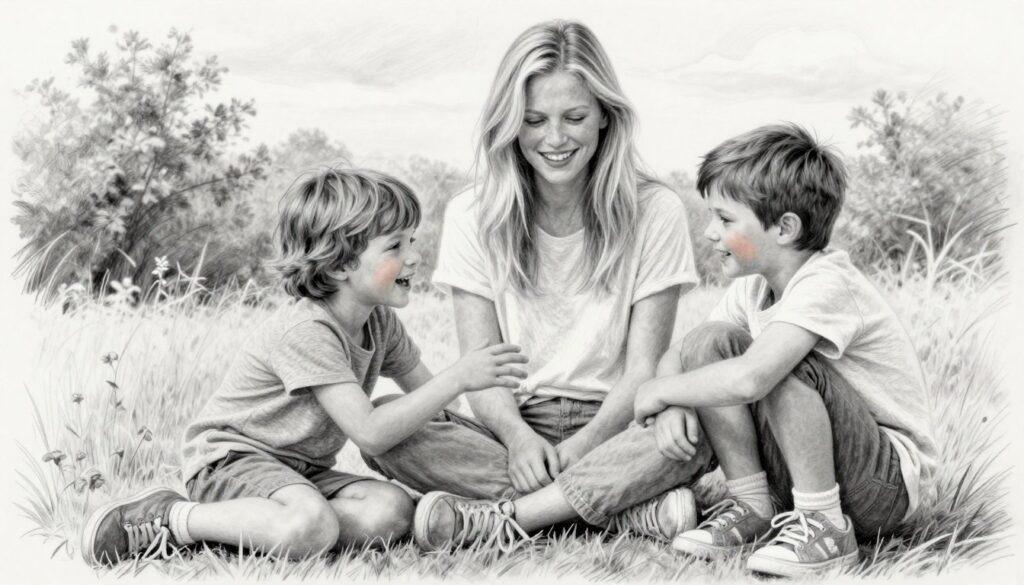Create a black and white pencil sketch portrait of Claudia Schiffer’s three children, featuring them in a natural, candid moment together. In the foreground, depict the children expressing joy, engaging in a playful interaction. The middle layer should include subtle details like their modest casual clothing, emphasizing comfort and innocence, while maintaining a fashionable appearance. The background should suggest a serene outdoor setting with soft trees and a gentle sky, adding depth to the scene. Include selective color accents, such as a soft blush on their cheeks or vibrant shoes, to draw focus and enhance the charm of the portrait. Set the mood to warm and affectionate, capturing the essence of family and childhood. Use soft, diffused lighting to create a gentle atmosphere. Create a black and white pencil sketch portrait of Claudia Schiffer’s three children, featuring them in a natural, candid moment together. In the foreground, depict the children expressing joy, engaging in a playful interaction. The middle layer should include subtle details like their modest casual clothing, emphasizing comfort and innocence, while maintaining a fashionable appearance. The background should suggest a serene outdoor setting with soft trees and a gentle sky, adding depth to the scene. Include selective color accents, such as a soft blush on their cheeks or vibrant shoes, to draw focus and enhance the charm of the portrait. Set the mood to warm and affectionate, capturing the essence of family and childhood. Use soft, diffused lighting to create a gentle atmosphere.