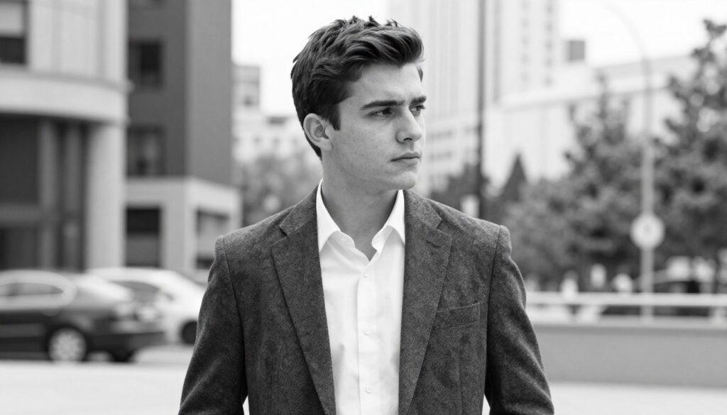 Dennis Sandrock Stiefsohn, a young man in his late teens, stands confidently in a modern urban setting, wearing a stylish yet professional outfit. His expression is thoughtful, reflecting maturity, and he has short, neatly styled dark hair. In the foreground, he is positioned slightly to the left, allowing for context behind him. The middle ground features a blurred view of a contemporary cityscape, hinting at a bustling environment. The background shows hints of greenery, suggesting a park or garden. The image is rendered in black and white pencil style with selective colorful accents, adding vibrancy to his outfit and the surroundings, creating a balance between seriousness and modern flair. Soft natural light illuminates the scene, enhancing the mood of contemplation and success, with a shallow depth of field focusing on Dennis. Dennis Sandrock Stiefsohn, a young man in his late teens, stands confidently in a modern urban setting, wearing a stylish yet professional outfit. His expression is thoughtful, reflecting maturity, and he has short, neatly styled dark hair. In the foreground, he is positioned slightly to the left, allowing for context behind him. The middle ground features a blurred view of a contemporary cityscape, hinting at a bustling environment. The background shows hints of greenery, suggesting a park or garden. The image is rendered in black and white pencil style with selective colorful accents, adding vibrancy to his outfit and the surroundings, creating a balance between seriousness and modern flair. Soft natural light illuminates the scene, enhancing the mood of contemplation and success, with a shallow depth of field focusing on Dennis.