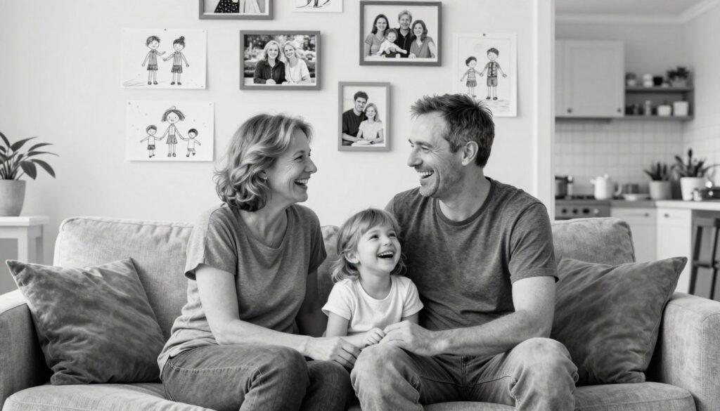 Günther Jauch with his wife in a cozy, intimate family setting, showcasing their home life filled with warmth and love. In the foreground, depict the couple sitting on a comfortable sofa, dressed in modest casual clothing, radiating joy while sharing a laugh. The middle ground should highlight family photos and children's drawings displayed on the walls, symbolizing their family life. In the background, suggest a soft, inviting kitchen ambiance with gentle natural light filtering through a window, creating a serene atmosphere. Use black-and-white pencil sketch style with selective colorful accents, emphasizing the emotional connection and happiness within the family unit, capturing the essence of domestic bliss. Günther Jauch with his wife in a cozy, intimate family setting, showcasing their home life filled with warmth and love. In the foreground, depict the couple sitting on a comfortable sofa, dressed in modest casual clothing, radiating joy while sharing a laugh. The middle ground should highlight family photos and children's drawings displayed on the walls, symbolizing their family life. In the background, suggest a soft, inviting kitchen ambiance with gentle natural light filtering through a window, creating a serene atmosphere. Use black-and-white pencil sketch style with selective colorful accents, emphasizing the emotional connection and happiness within the family unit, capturing the essence of domestic bliss.