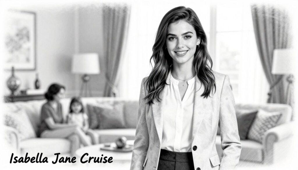 Isabella Jane Cruise, a young woman in her mid-20s, is portrayed in a sophisticated and professional setting. She stands confidently in the foreground, wearing a smart, modest outfit that reflects a blend of contemporary fashion and classic style. Her expression is warm and engaging, embodying a sense of poise and intelligence. The middle ground features a softly blurred home environment, perhaps hinting at a cozy yet elegant living room, with subtle decorative elements that suggest a family atmosphere. In the background, light filters through a large window, creating a welcoming and bright ambiance. The entire image is rendered in pencil-style black and white, embellished with occasional, vibrant color accents to draw attention to Isabella's outfit and surroundings, creating a balanced and visually appealing composition.