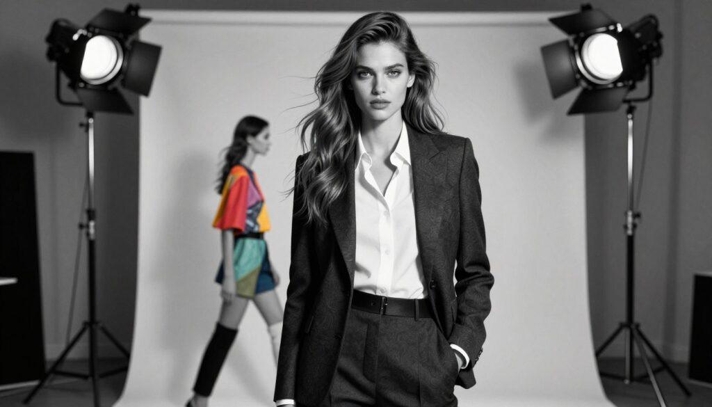 Leni Klum, a young model with striking features, stands confidently in the foreground, wearing a chic, professional outfit that highlights her elegance. She has long, flowing hair, styled in soft waves, and her expression conveys determination and poise. In the middle ground, a high-fashion photoshoot setup is visible, with sleek lighting that creates dramatic shadows and highlights her figure. The backdrop features a neutral, minimalist environment, allowing Leni to stand out, while punctuated bursts of color accentuate the scene in a harmonious manner. The image is in a monochromatic pencil style, with selective vibrant colors that draw attention to Leni's outfit and the surrounding elements, encapsulating a sophisticated yet approachable atmosphere. The overall mood is inspiring and aspirational, showcasing Leni’s emerging talent in the modeling industry.