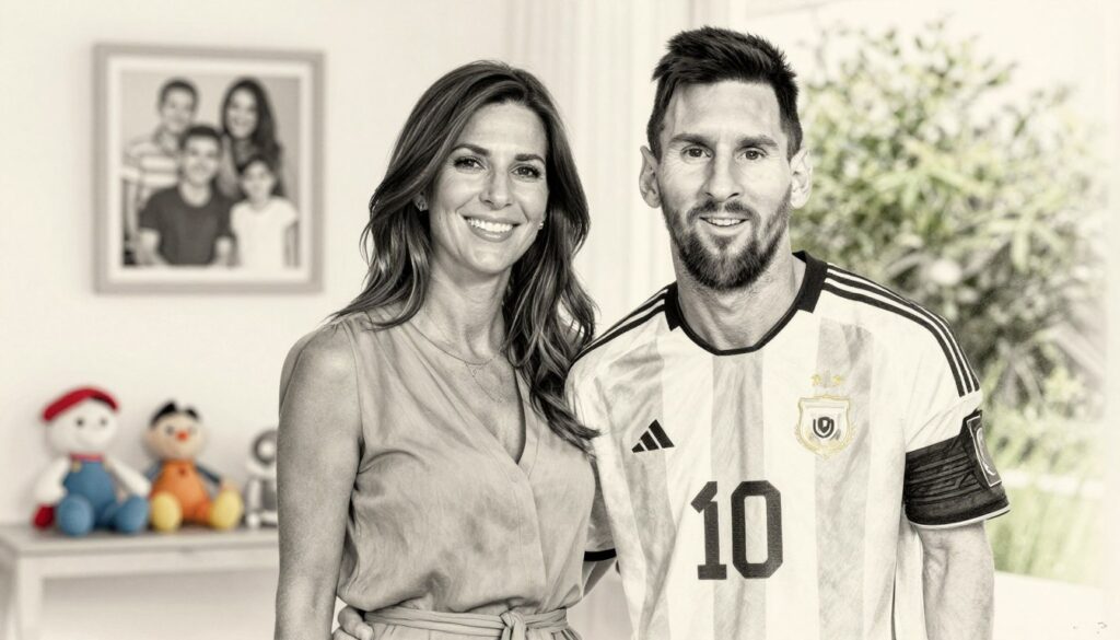 Lionel Messi's wife, Antonella Roccuzzo, stands gracefully in the foreground, her warm smile reflecting love and support. She is dressed in an elegant, modest outfit that blends casual with sophistication. In the middle ground, a subtle, serene backdrop displays elements of their family life, such as children’s toys or a family photo on the wall, symbolizing the warmth of their home. The background features soft, blurred greenery, suggesting a peaceful outdoor environment. The image is rendered in a delicate black and white pencil sketch style, with selective colorful accents highlighting her outfit and the joy in her expression. The lighting is soft and natural, creating a warm, inviting atmosphere, while the angle captures her from slightly below eye level, emphasizing her warmth and resilience.