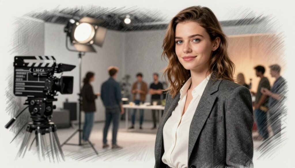 Luna Schweiger, a young woman with a confident and radiant expression, stands amidst a subtle blend of black and white pencil sketch artistry with selective color accents emphasizing her eyes and hair. She wears a stylish yet modest outfit appropriate for a professional appearance, perhaps a tailored blazer paired with a chic blouse. In the foreground, Luna is depicted in three-quarter profile, exuding poise and charm. The middle layer introduces a soft-focus representation of a film set, with lights and camera equipment highlighted in muted tones, illustrating her journey in acting. The background features a warm, inviting ambiance of a bustling studio environment, with shades of grey and hints of color reflecting activity and creativity. The overall mood is inspiring and dynamic, capturing her essence as the eldest daughter of a prominent actor.