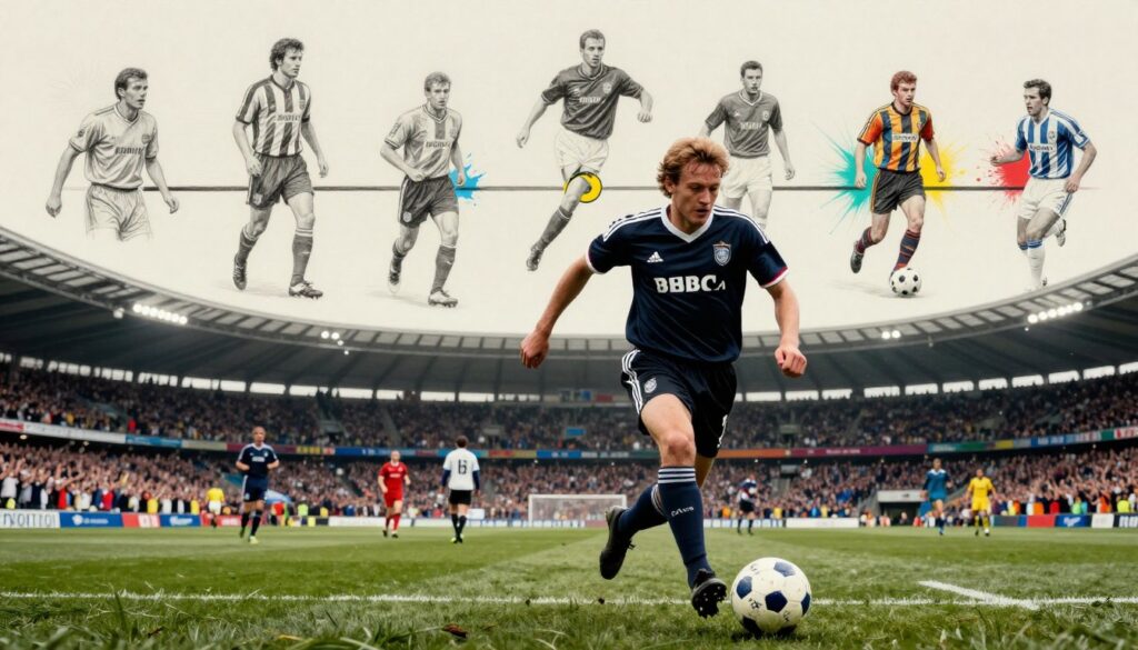Marc Klopp in a dynamic football scene, showcasing his career progression as a professional player. In the foreground, depict Marc in a moment of action, wearing a classic football kit, executing a skillful dribble with intensity and focus. The middle ground features a blending of iconic football stadium elements, such as cheering fans and vivid team colors, creating an energetic atmosphere. In the background, a subtle representation of a timeline of Marc's career highlights, illustrated with vintage football imagery and varying shades of pencil sketches, accented with bursts of color to signify key milestones. The scene is bathed in soft, dramatic lighting to emphasize the determination and passion of the sport, inviting viewers into the world of Marc Klopp’s football journey. Marc Klopp in a dynamic football scene, showcasing his career progression as a professional player. In the foreground, depict Marc in a moment of action, wearing a classic football kit, executing a skillful dribble with intensity and focus. The middle ground features a blending of iconic football stadium elements, such as cheering fans and vivid team colors, creating an energetic atmosphere. In the background, a subtle representation of a timeline of Marc's career highlights, illustrated with vintage football imagery and varying shades of pencil sketches, accented with bursts of color to signify key milestones. The scene is bathed in soft, dramatic lighting to emphasize the determination and passion of the sport, inviting viewers into the world of Marc Klopp’s football journey.