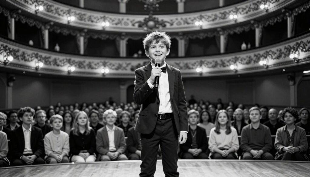 Milan Sasha Bühnendebüt takes center stage, surrounded by an elegant theater setting. In the foreground, a young boy with a joyful expression, dressed in a smart casual outfit, stands with a microphone, poised to perform. His body language conveys confidence and excitement. The middle of the scene features a small audience captivated by his presence, their faces illuminated by soft, warm lighting. In the background, a richly decorated theater with ornate curtains and subtle stage light highlights adds depth to the image. The entire composition is in black and white with selective color accents highlighting Milan’s outfit and the theater’s decorative elements. The overall mood is uplifting and inspiring, emphasizing creativity and artistic talent. Milan Sasha Bühnendebüt takes center stage, surrounded by an elegant theater setting. In the foreground, a young boy with a joyful expression, dressed in a smart casual outfit, stands with a microphone, poised to perform. His body language conveys confidence and excitement. The middle of the scene features a small audience captivated by his presence, their faces illuminated by soft, warm lighting. In the background, a richly decorated theater with ornate curtains and subtle stage light highlights adds depth to the image. The entire composition is in black and white with selective color accents highlighting Milan’s outfit and the theater’s decorative elements. The overall mood is uplifting and inspiring, emphasizing creativity and artistic talent.