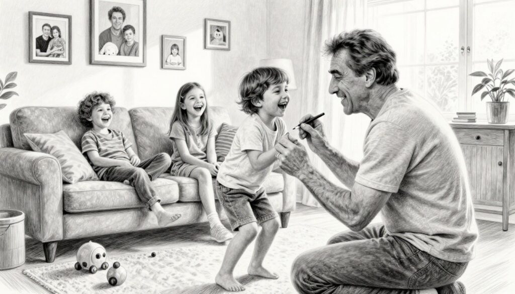 Robert De Niro in a domestic setting, engaging in everyday fatherly activities. In the foreground, depict a warm, inviting living room where he is playfully interacting with his children, who are laughing and enjoying quality time together. They are dressed casually, showcasing a family atmosphere. In the middle, include a cozy sofa, toys scattered around, and family photos on the wall, adding depth and context. In the background, soft light filters through a window, creating a serene ambiance that highlights the love and challenges of parenting. The scene is rendered in pencil sketch style with black and white tones, featuring selective pops of color on the children's clothing and the toys, enhancing the warmth and joy of the moment.