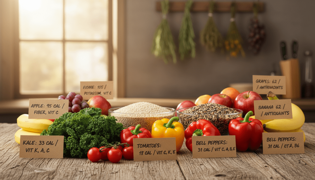 A beautifully arranged display of various natural ingredients highlighting their nutritional values, set on a rustic wooden table. In the foreground, fresh vegetables such as kale, tomatoes, and bell peppers, each with a small card noting their calorie count and nutrients. In the middle, an assortment of grains like quinoa and brown rice in transparent bowls. Surrounding them are vibrant fruits like apples and bananas. The background features a soft-focus kitchen setting with herbs hanging and sunlight streaming through a window, creating a warm, inviting atmosphere. The image should have natural lighting to emphasize the colors of the ingredients, taken from a slightly elevated angle to capture detail and depth. The mood is fresh, healthy, and wholesome.