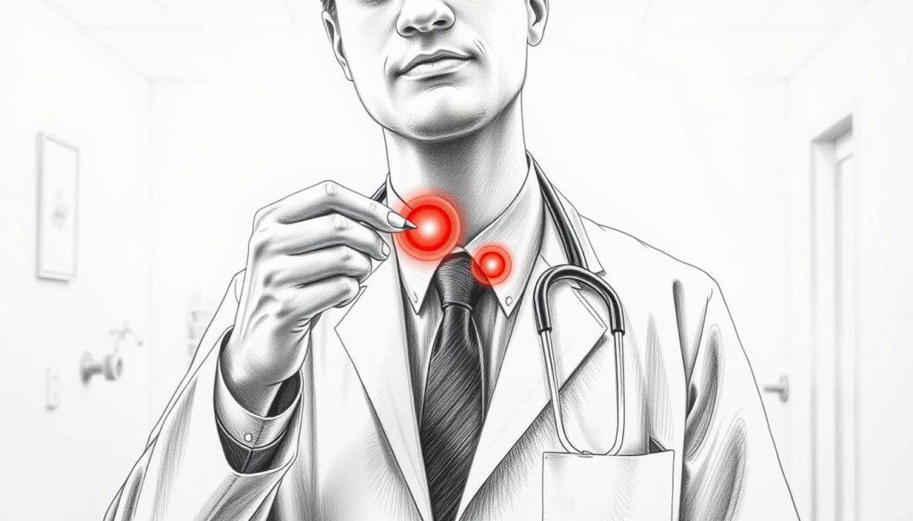 A black and white pencil drawing of a doctor in professional attire performing a testicular self-examination with care and precision. The foreground should capture the doctor's focused expression and thoughtful posture, emphasizing the importance of awareness in health. In the middle ground, include a medical illustration of the male anatomy, depicting the area of concern with subtle, colored accents highlighting specific regions to indicate potential symptoms of testicular cancer. In the background, add a calming, sterile environment of a medical office with soft lighting, creating an atmosphere of hope and prevention. The overall mood should convey a sense of professionalism, awareness, and the critical nature of early detection in improving health outcomes.