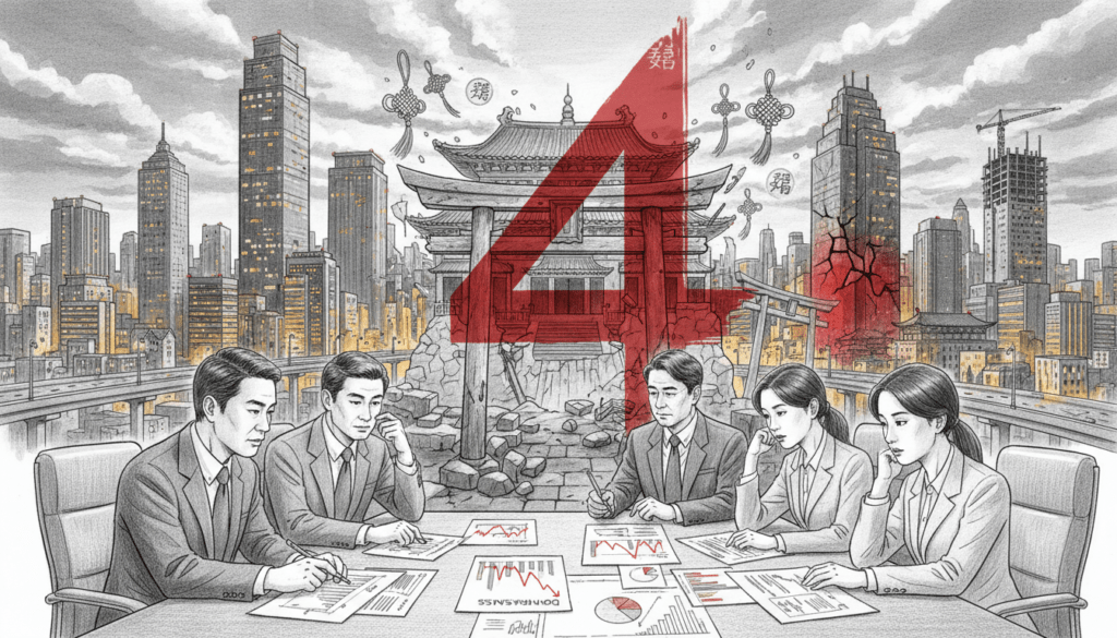 A black and white pencil illustration depicting the economic impacts of Tetraphobia in Asia. In the foreground, a group of business professionals in formal attire are gathered around a table, discussing charts and graphs showing financial trends. The middle ground features a large red number 4, subtly integrated into various cultural symbols like a Chinese temple and a Japanese torii gate, representing the fear associated with the number. In the background, a city skyline of Asian metropolis with traditional architecture blending into modern skyscrapers, showcasing economic growth. The lighting is soft and atmospheric, with colored accents highlighting the charts and the 4 symbol, creating a contrast that captures the tension between tradition and progress. The mood is serious and thoughtful, evoking contemplation of cultural beliefs and their real-world consequences.
