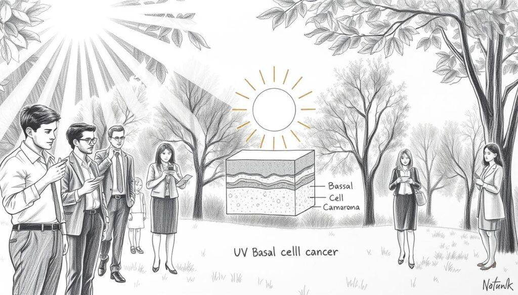 A black and white pencil illustration of a serene outdoor scene depicting sunlight filtering through leaves, representing UV radiation. In the foreground, a diverse group of people—men and women dressed in professional attire—are applying sunscreen, showcasing awareness of skin cancer risks. The middle ground illustrates a detailed diagram of skin layers with a highlighted area depicting a basal cell carcinoma, sketched minimally to maintain clarity. In the background, there's a gentle sun with rays visibly shining down, surrounded by the silhouettes of trees, emphasizing the relationship between UV exposure and skin cancer. Use selective color accents in shades of blue and yellow to highlight important elements, creating a balanced yet impactful atmosphere that conveys both caution and education about skin health. A black and white pencil illustration of a serene outdoor scene depicting sunlight filtering through leaves, representing UV radiation. In the foreground, a diverse group of people—men and women dressed in professional attire—are applying sunscreen, showcasing awareness of skin cancer risks. The middle ground illustrates a detailed diagram of skin layers with a highlighted area depicting a basal cell carcinoma, sketched minimally to maintain clarity. In the background, there's a gentle sun with rays visibly shining down, surrounded by the silhouettes of trees, emphasizing the relationship between UV exposure and skin cancer. Use selective color accents in shades of blue and yellow to highlight important elements, creating a balanced yet impactful atmosphere that conveys both caution and education about skin health.