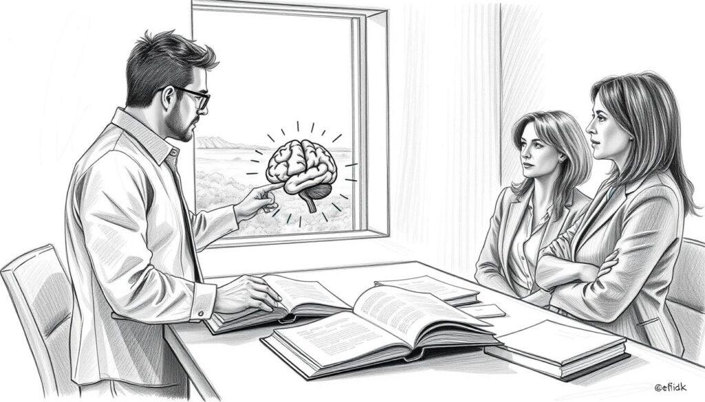 A black and white pencil sketch depicting a thoughtful professional setting where understanding of ADHD and dyslexia is fostered. In the foreground, a diverse group of three adults in business attire are engaged in a collaborative discussion, one pointing to a brain diagram that highlights neurodiversity. The middle ground features open books and papers scattered on a table, symbolizing learning and exploration. In the background, through a modest window, soft natural light illuminates a serene landscape, creating a calm and inviting atmosphere. Subtle colored accents, such as green on the brain diagram and blue on the books, signify hope and enlightenment. The overall mood is one of empathy, understanding, and support for neurodiversity.