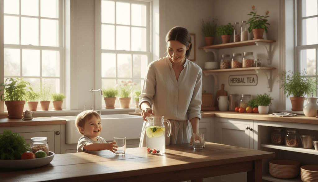A bright and inviting kitchen scene featuring a family preparing to hydrate. In the foreground, a glass pitcher filled with clean water and fresh fruits sits on a wooden table, while a smiling child reaches for a glass. In the middle ground, a parent, dressed in casual, modest clothing, is pouring water into a glass. Sunlight streams through large windows, casting warm, inviting light on the subjects. The background showcases a cozy kitchen with potted plants, an herbal tea cabinet, and healthy snacks, creating an atmosphere of wellness and vitality. The overall mood is one of health and togetherness, emphasizing the importance of hydration in daily life.